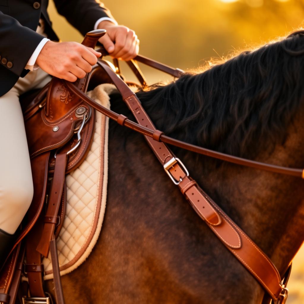 Close-up of equestrian tack in golden light