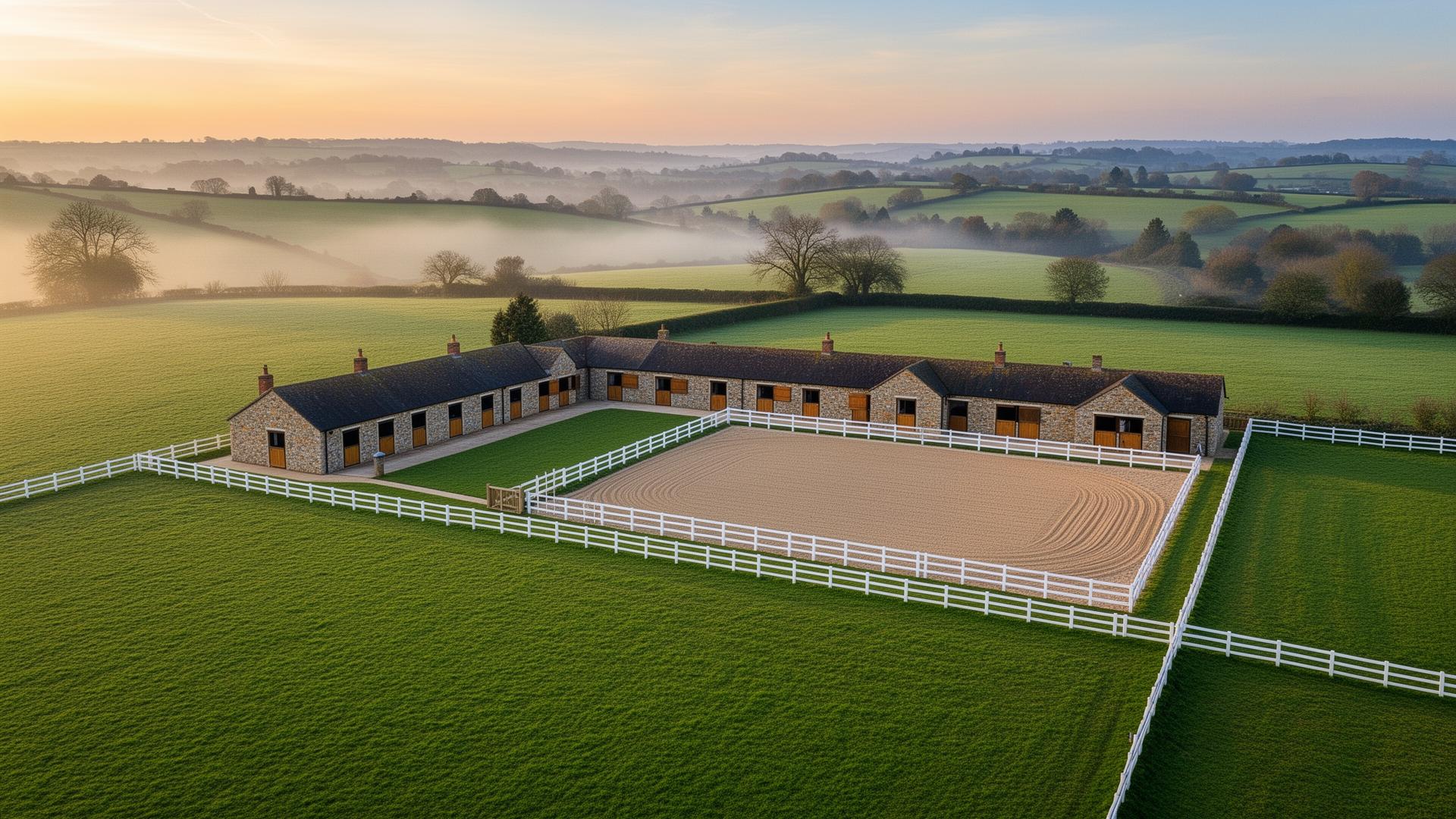 Aerial view of a pristine equestrian yard